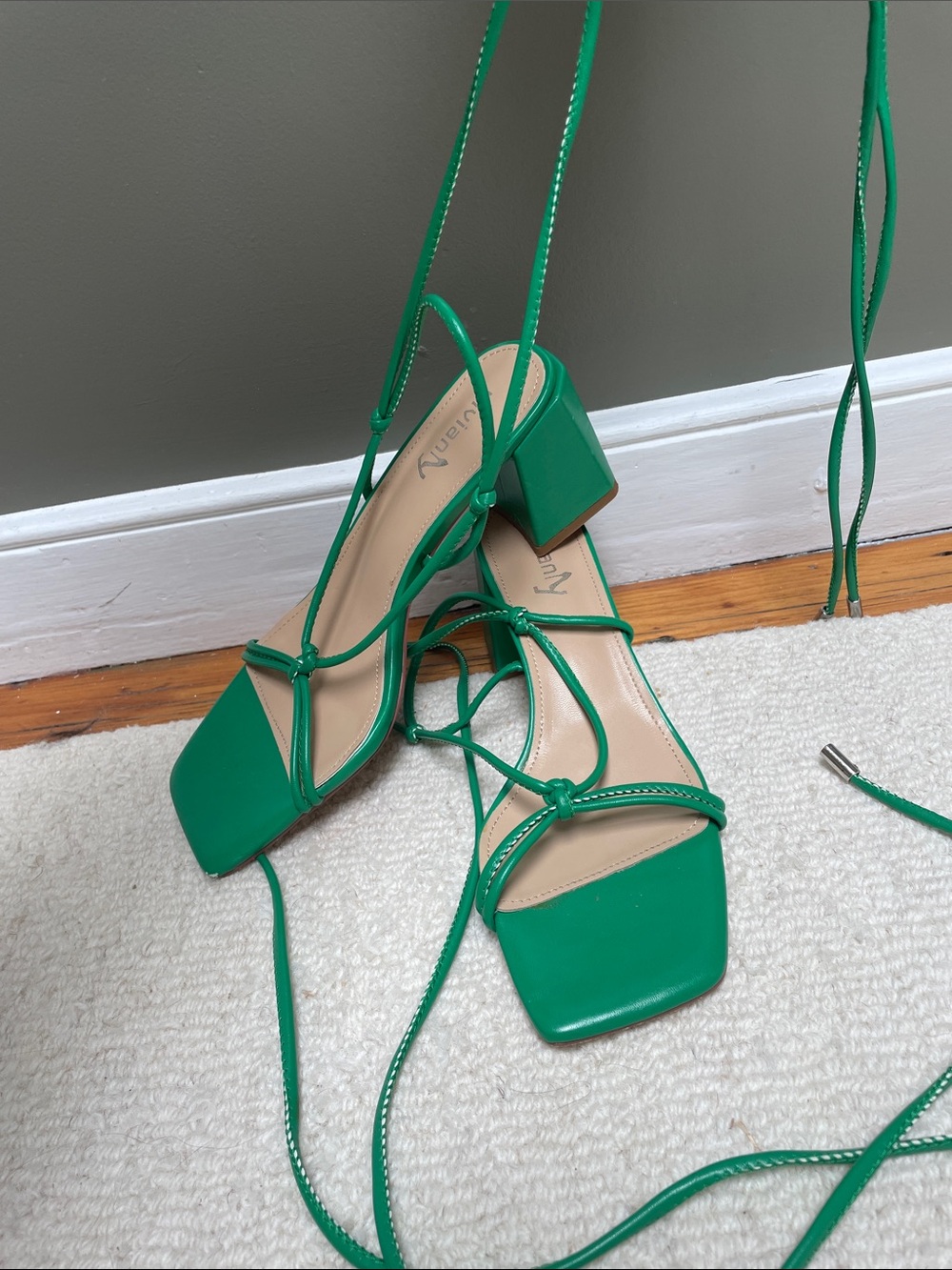 Vivianly Green Lace-Up Square Toe Block Heel Sandals